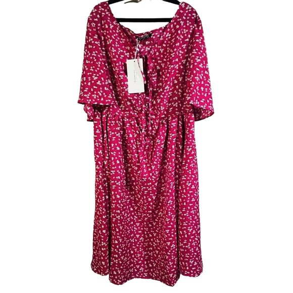BloomChic Dresses & Skirts - Bloomchic Rose Red Floral Dress Tie v-neck Pockets Below Knee Flare Sleeves 12